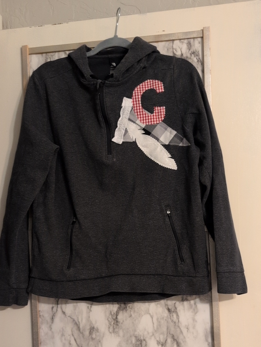 Gray Upcycled Kangaroo Pocket Hoodie With Comanche Indian Decals.